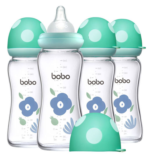Picture of YOHKOH Natural Glass Baby Bottle with Natural Response Nipple, Newborn Anti-Colic Baby Bottles, Wide Neck Mushroom Cap Baby Bottle, Clear (Blue, (8.8oz (Pack of 4))
