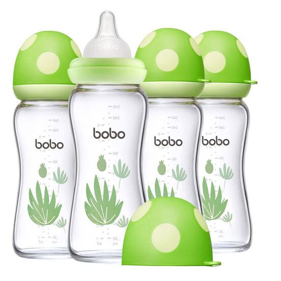 Picture of YOHKOH Natural Glass Baby Bottle with Natural Response Nipple, Newborn Anti-Colic Baby Bottles, Wide Neck Mushroom Cap Baby Bottle, Clear (8.8oz (Pack of 4), Green)
