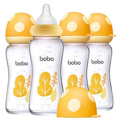 Picture of YOHKOH Natural Glass Baby Bottle with Natural Response Nipple, Newborn Anti-Colic Baby Bottles, Wide Neck Mushroom Cap Baby Bottle, Clear (Yellow, (8.8oz (Pack of 4))