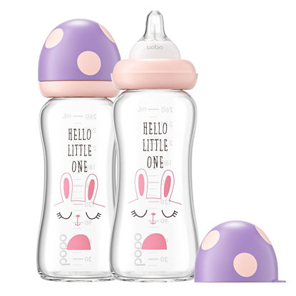 Picture of YOHKOH Natural Glass Baby Bottle with Natural Response Nipple, Newborn Anti-Colic Baby Bottles, Wide Neck Mushroom Cap Baby Bottle, Clear ((8.8oz (Pack of 2), Purple)