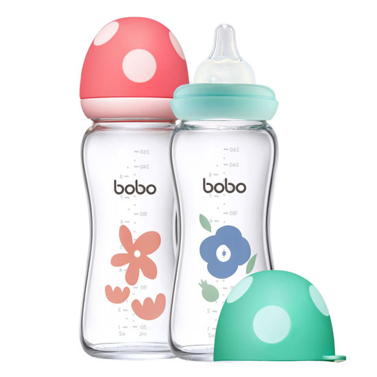 Picture of YOHKOH Natural Glass Baby Bottle with Natural Response Nipple, Newborn Anti-Colic Baby Bottles, Wide Neck Mushroom Cap Baby Bottle, Clear (8.8oz (Pack of 2), Multicolour)