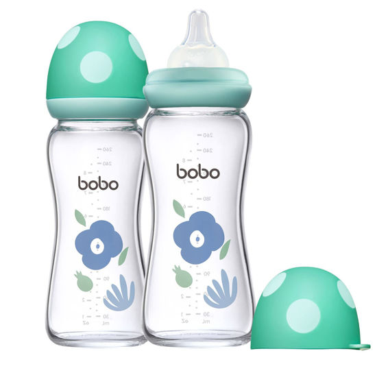 Picture of YOHKOH Natural Glass Baby Bottle with Natural Response Nipple, Newborn Anti-Colic Baby Bottles, Wide Neck Mushroom Cap Baby Bottle, Clear (Blue, (8.8oz (Pack of 2))