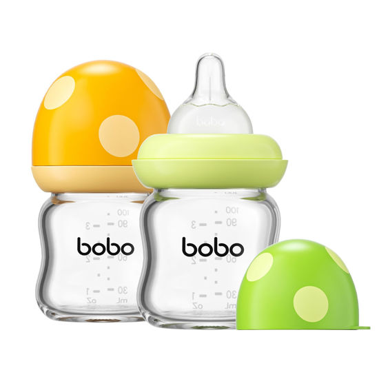 Picture of YOHKOH Natural Glass Baby Bottle with Natural Response Nipple, Newborn Anti-Colic Baby Bottles, Wide Neck Mushroom Cap Baby Bottle, Clear (Multicolour1, 3.4oz (Pack of 2))