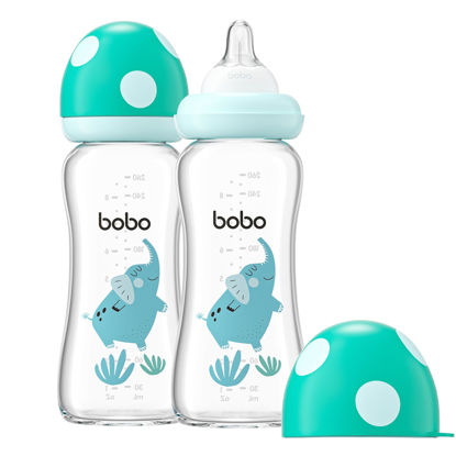 Picture of YOHKOH Natural Glass Baby Bottle with Natural Response Nipple, Newborn Anti-Colic Baby Bottles, Wide Neck Mushroom Cap Baby Bottle, Clear (8.8ounce (Pack of 2), Blue2)