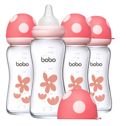 Picture of YOHKOH Natural Glass Baby Bottle with Natural Response Nipple, Newborn Anti-Colic Baby Bottles, Wide Neck Mushroom Cap Baby Bottle, Clear (Red, (8.8oz (Pack of 4))