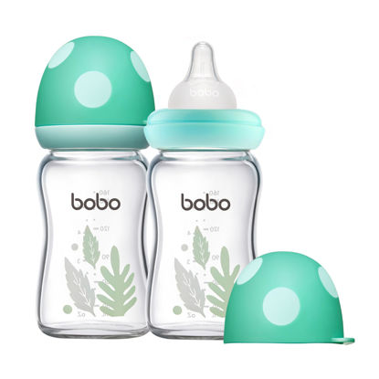 Picture of YOHKOH Natural Glass Baby Bottle with Natural Response Nipple, Newborn Anti-Colic Baby Bottles, Wide Neck Mushroom Cap Baby Bottle, Clear ((5.4oz (Pack of 2), Blue)