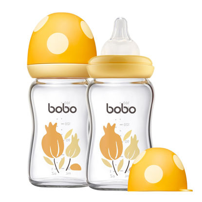 Picture of YOHKOH Natural Glass Baby Bottle with Natural Response Nipple, Newborn Anti-Colic Baby Bottles, Wide Neck Mushroom Cap Baby Bottle, Clear (Yellow, (5.4oz (Pack of 2))