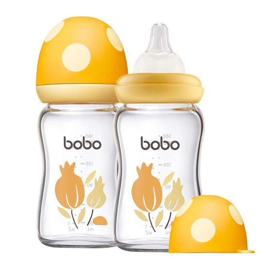 Picture of YOHKOH Natural Glass Baby Bottle with Natural Response Nipple, Newborn Anti-Colic Baby Bottles, Wide Neck Mushroom Cap Baby Bottle, Clear (Yellow, (5.4oz (Pack of 2))