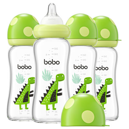 Picture of YOHKOH Natural Glass Baby Bottle with Natural Response Nipple, Newborn Anti-Colic Baby Bottles, Wide Neck Mushroom Cap Baby Bottle, Clear (8.8ounce (Pack of 4), Green2)