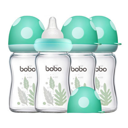 Picture of YOHKOH Natural Glass Baby Bottle with Natural Response Nipple, Newborn Anti-Colic Baby Bottles, Wide Neck Mushroom Cap Baby Bottle, Clear ((5.4oz (Pack of 4), Blue)