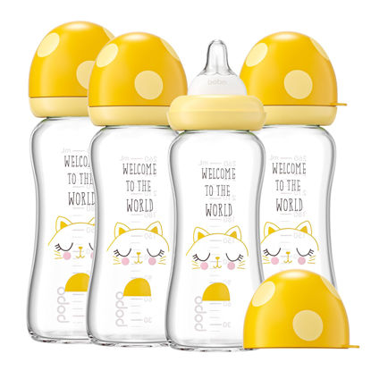 Picture of YOHKOH Natural Glass Baby Bottle with Natural Response Nipple, Newborn Anti-Colic Baby Bottles, Wide Neck Mushroom Cap Baby Bottle, Clear (8.8ounce (Pack of 4), Yellow1)