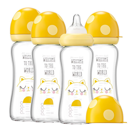 Picture of YOHKOH Natural Glass Baby Bottle with Natural Response Nipple, Newborn Anti-Colic Baby Bottles, Wide Neck Mushroom Cap Baby Bottle, Clear (8.8ounce (Pack of 4), Yellow1)