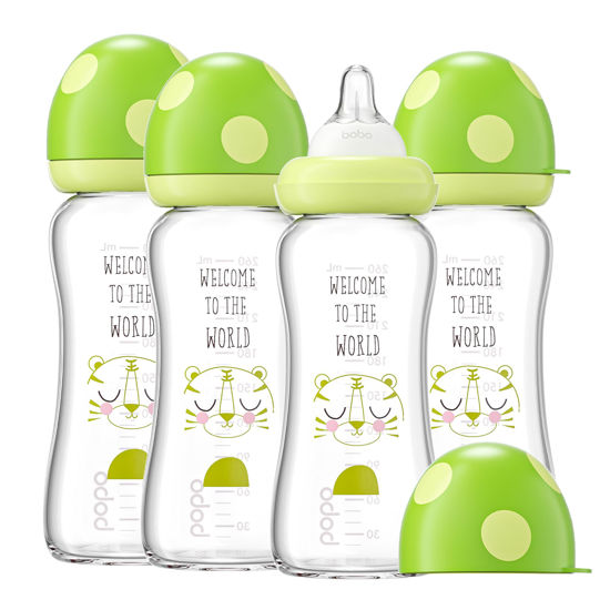 Picture of YOHKOH Natural Glass Baby Bottle with Natural Response Nipple, Newborn Anti-Colic Baby Bottles, Wide Neck Mushroom Cap Baby Bottle, Clear (8.8ounce (Pack of 4), Green1)