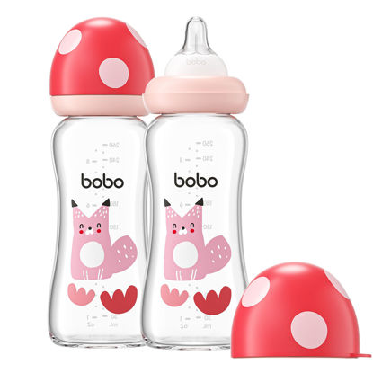 Picture of YOHKOH Natural Glass Baby Bottle with Natural Response Nipple, Newborn Anti-Colic Baby Bottles, Wide Neck Mushroom Cap Baby Bottle, Clear (8.8ounce (Pack of 2), Red2)
