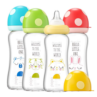 Picture of YOHKOH Natural Glass Baby Bottle with Natural Response Nipple, Newborn Anti-Colic Baby Bottles, Wide Neck Mushroom Cap Baby Bottle, Clear (8.8ounce (Pack of 4), Multicolour1)