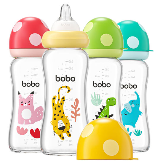 Picture of YOHKOH Natural Glass Baby Bottle with Natural Response Nipple, Newborn Anti-Colic Baby Bottles, Wide Neck Mushroom Cap Baby Bottle, Clear (8.8ounce (Pack of 4), Multicolour2)
