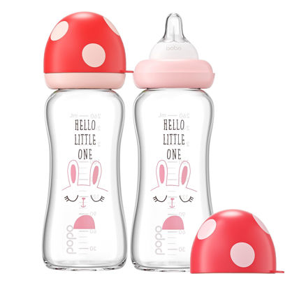 Picture of YOHKOH Natural Glass Baby Bottle with Natural Response Nipple, Newborn Anti-Colic Baby Bottles, Wide Neck Mushroom Cap Baby Bottle, Clear (8.8ounce (Pack of 2), Red1)