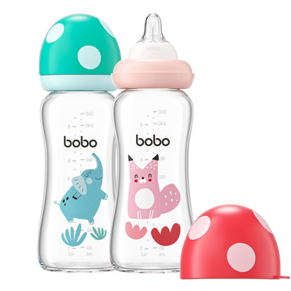 Picture of YOHKOH Natural Glass Baby Bottle with Natural Response Nipple, Newborn Anti-Colic Baby Bottles, Wide Neck Mushroom Cap Baby Bottle, Clear (8.8ounce (Pack of 2), Multicolour2)