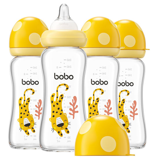 Picture of YOHKOH Natural Glass Baby Bottle with Natural Response Nipple, Newborn Anti-Colic Baby Bottles, Wide Neck Mushroom Cap Baby Bottle, Clear (8.8ounce (Pack of 4), Yellow2)