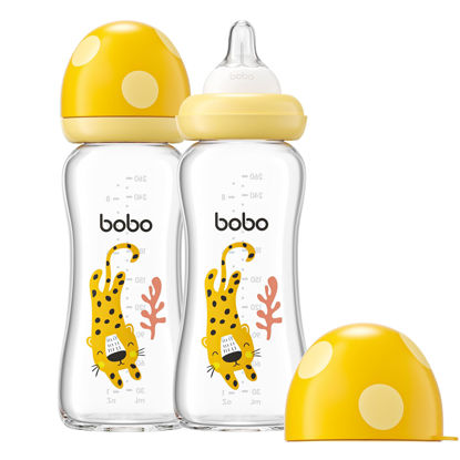 Picture of YOHKOH Natural Glass Baby Bottle with Natural Response Nipple, Newborn Anti-Colic Baby Bottles, Wide Neck Mushroom Cap Baby Bottle, Clear (8.8ounce (Pack of 2), Yellow2)