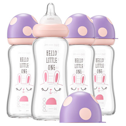 Picture of YOHKOH Natural Glass Baby Bottle with Natural Response Nipple, Newborn Anti-Colic Baby Bottles, Wide Neck Mushroom Cap Baby Bottle, Clear ((8.8oz (Pack of 4), Purple)