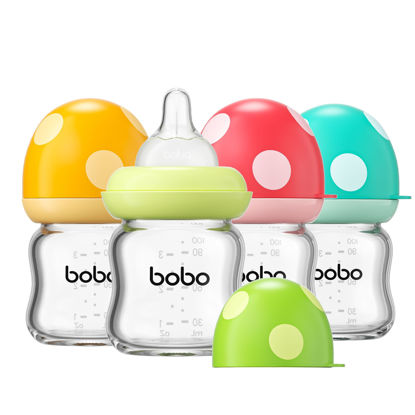 Picture of YOHKOH Natural Glass Baby Bottle with Natural Response Nipple, Newborn Anti-Colic Baby Bottles, Wide Neck Mushroom Cap Baby Bottle, Clear (Multicolour1, 3.4oz (Pack of 4))