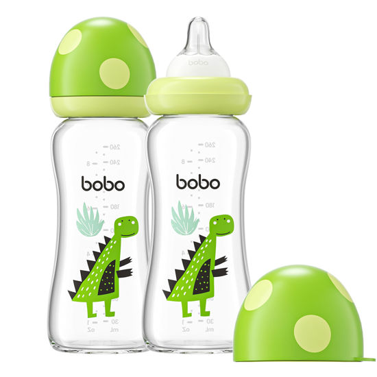 Picture of YOHKOH Natural Glass Baby Bottle with Natural Response Nipple, Newborn Anti-Colic Baby Bottles, Wide Neck Mushroom Cap Baby Bottle, Clear (8.8ounce (Pack of 2), Green2)