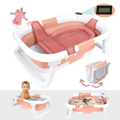 Picture of BEBELEH™ Collapsible Baby Bathtub with Thermometer - Bathtub + Baby tub Sling + Newborn Sling - Baby Bathtub Newborn to Toddler 0-24 Months - The Ultimate Baby Bath tub! (with Thermometer,Pink)