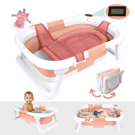 Picture of BEBELEH™ Collapsible Baby Bathtub with Thermometer - Bathtub + Baby tub Sling + Newborn Sling - Baby Bathtub Newborn to Toddler 0-24 Months - The Ultimate Baby Bath tub! (with Thermometer,Pink)