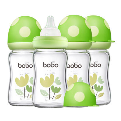 Picture of YOHKOH Natural Glass Baby Bottle with Natural Response Nipple, Newborn Anti-Colic Baby Bottles, Wide Neck Mushroom Cap Baby Bottle, Clear (Green, (5.4oz (Pack of 4))
