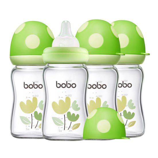 Picture of YOHKOH Natural Glass Baby Bottle with Natural Response Nipple, Newborn Anti-Colic Baby Bottles, Wide Neck Mushroom Cap Baby Bottle, Clear (Green, (5.4oz (Pack of 4))