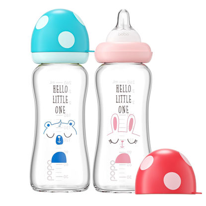 Picture of YOHKOH Natural Glass Baby Bottle with Natural Response Nipple, Newborn Anti-Colic Baby Bottles, Wide Neck Mushroom Cap Baby Bottle, Clear (8.8ounce (Pack of 2), Multicolour1)