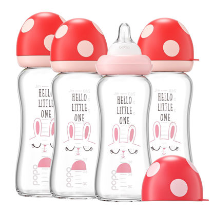 Picture of YOHKOH Natural Glass Baby Bottle with Natural Response Nipple, Newborn Anti-Colic Baby Bottles, Wide Neck Mushroom Cap Baby Bottle, Clear (8.8ounce (Pack of 4), Red1)