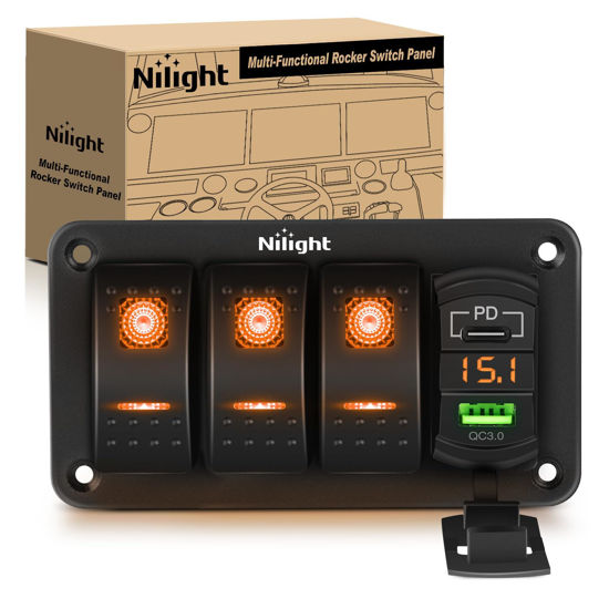 Picture of Nilight 3 Gang Rocker Switch Panel with PD Type C and USB Charger Voltmeter 12V SPST ON Off Switch Panel with Orange Backlit Waterproof Aluminum Rocker Switch Panel for Boats Cars RVs Trucks