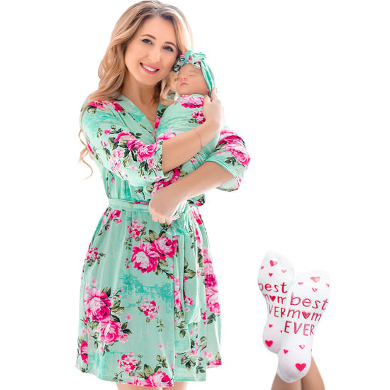 Picture of ECO BABY Mommy and Me Robe and Swaddle Set | Maternity Robe and Matching Baby Set for Girl, Boy | Hospital Labor and Delivery