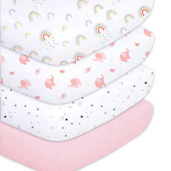 Picture of Plushii Crib Sheets for Baby Girls 4 Pack, 28"x 52" Extra Soft Microfiber Crib Sheet Set for Standard Crib & Toddler Mattress Pad, Rainbow & Elephant & Stars & Pink