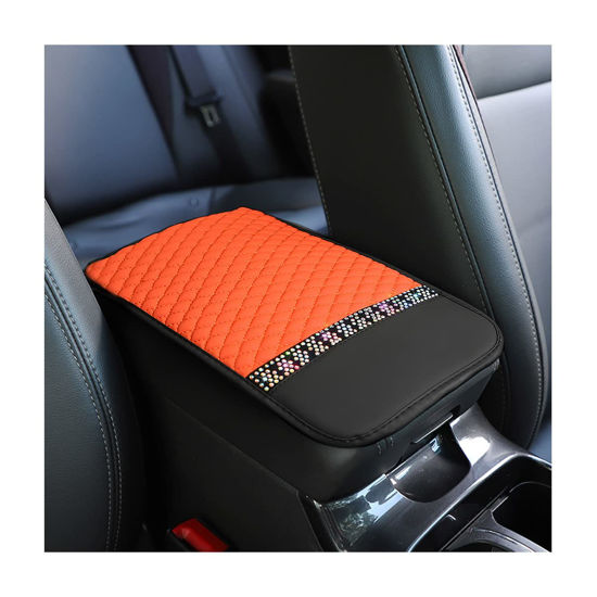 Picture of Bling Leather Car Center Console Cover, Car Center Console Protector With Glossy Crystal Rhinestone, Universal Waterproof Car Armrest Seat Box Cover For Most Car, Vehicles, SUVs, Trucks (Orange)