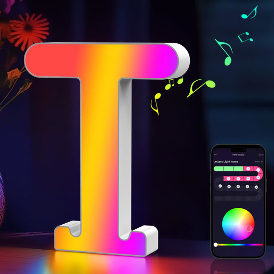 Picture of Light Up Letters Marquee Letter - Music Sync RGB Color Changing LED Letter Lights Letter Logo Game Lights for Girls Women Party Birthday Christmas Valentine's Day Wall Desktop Decoration (MRGB-T)