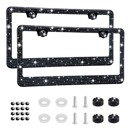 Picture of Amiss Bling License Plate Frame for Women, 2Pack Rhinestone Handcrafted Crystal Premium Stainless Steel, Stainless Steel Car Accessories with Diamond Sparkle Glitter Caps (Black)