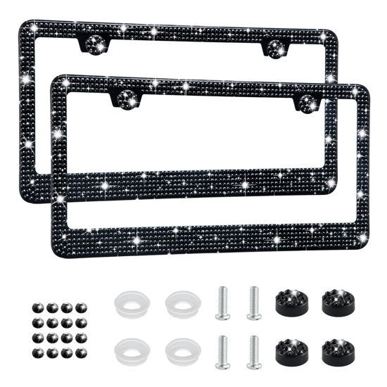 Picture of Amiss Bling License Plate Frame for Women, 2Pack Rhinestone Handcrafted Crystal Premium Stainless Steel, Stainless Steel Car Accessories with Diamond Sparkle Glitter Caps (Black)