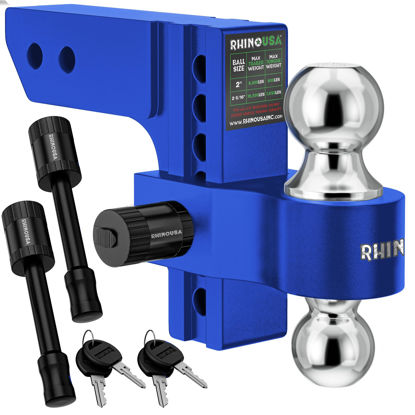 Picture of Rhino USA Adjustable Trailer Hitch (Fits 2-Inch Receiver) - Heavy Duty Aluminum Tow Hitches with 6-Inch Drop/Rise for Truck (12,500 LBS GTW) - Weatherproof Double Anti-Theft Locking Hitch Pins (Blue)