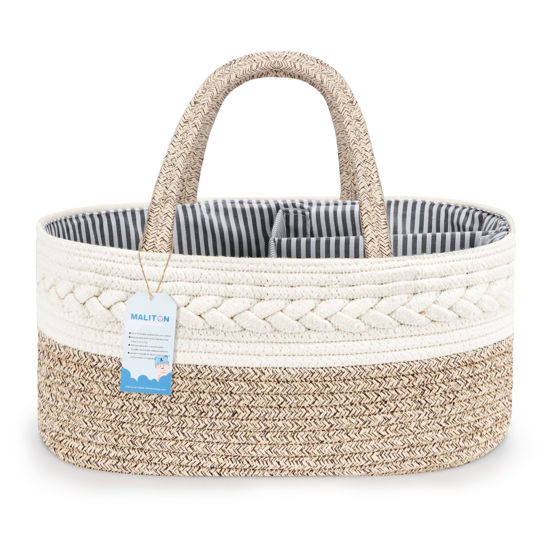 Picture of Maliton Extra Large Baby Diaper Caddy Organizer, Cotton Rope Nursery Basket, Portable Diaper Organizer for changing table, Car, Diaper Storage Organizer for Baby Stuff, Baby Shower Gifts for Newborn