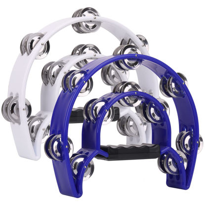 Picture of 2Pack 10 Inch Double Row Tambourine for Adult, Half Moon Musical Tambourine 20 Metal Jingles Hand Held Percussion Drum, Plastic Musical Percussion Tambourines for Adults, Church, Party, White & Blue