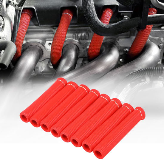 Picture of SHINEHOME 8 PCS Spark Plug Boot Protector 2500° Spark Plug Heat Sleeve Wire Covers Wrap 6 Inch for Ls1/Ls2 Sbc Bbc 350 454 Spark Plug Header Boots (Red)