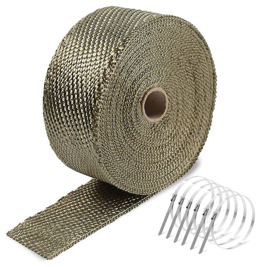 Picture of Titanium Exhaust Heat Tape Wrap, 2”x 50 Ft, Motorcycle Fiberglass Heat Shield Tape With Stainless Ties