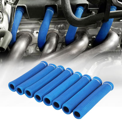 Picture of SHINEHOME Spark Plug Header Boots 2500° Spark Plug Heat Shield Sleeve Wire Cover Wrap for Sbc Bbc 350 454 Ls1/Ls2 8PCS Spark Plug Boots (Blue)