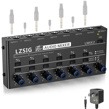 Picture of LZSIG Mini Audio Mixer,Stereo Line Mixer for Sub-Mixing,Ultra Low-Noise,6-Channel,Microphone Independent Control, 1/4" & 1/8" TRS Output and Input, for Guitars,Bass,Keyboards (Medium)