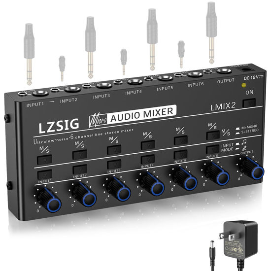 Picture of LZSIG Mini Audio Mixer,Stereo Line Mixer for Sub-Mixing,Ultra Low-Noise,6-Channel,Microphone Independent Control, 1/4" & 1/8" TRS Output and Input, for Guitars,Bass,Keyboards (Medium)