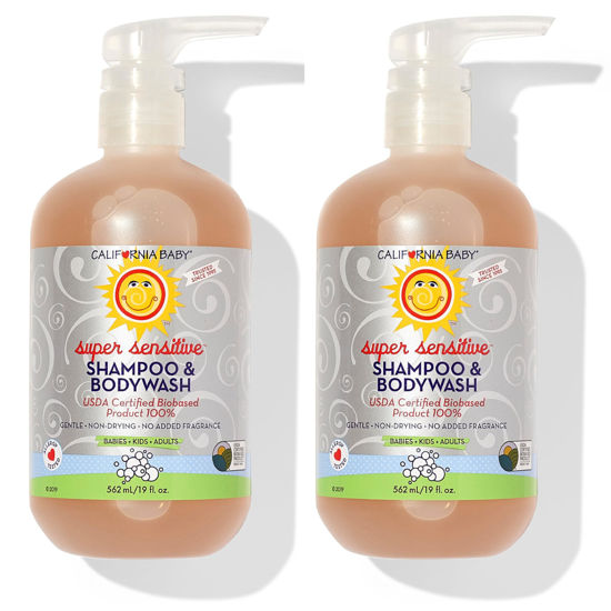 Picture of California Baby Super Sensitive Baby Shampoo and Body Wash | 100% Plant-Based | Gentle Fragrance Free Shampoo | Hypoallergenic | 19 Ounce (Pack of 2)
