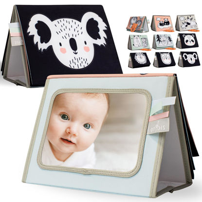 Picture of Soft Tummy Time Book w/ Large Stimulating Baby Safe Mirror - Fun High Contrast Montessori Toy w/ Mirror, Crinkle Filling & Silicone Teether - The Perfect Toy For Safe Early Newborn/Infant Development